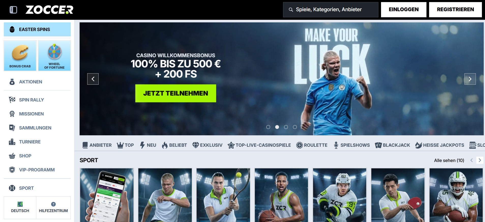 Startseite einer modernen Glücksspielplattform mit Casino-Bonusangeboten, Sportwetten und Spielkategorien, optimiert für Nutzer, die nach sicheren Online Casinos ohne Verifizierung suchen und Wert auf klare Navigation sowie attraktive Aktionen legen.